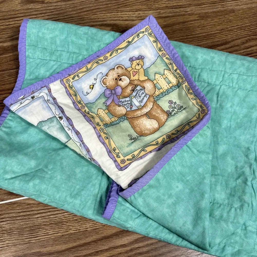 Vintage Handmade Children's Quilt Reversible Bears and Solid Violet Fabric 40x32